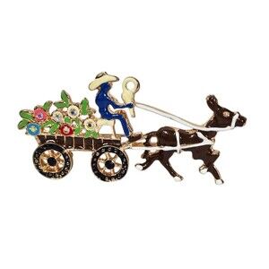 Vintage Enamel Donkey Cart Brooch Pin – Cowboy with Flowers, Colorful...